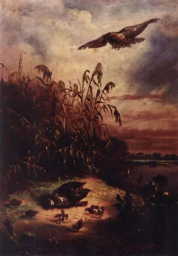 Chicken, chicks and a hawk by Clóvis Arrault — original painting reproduced as a hand-painted oil on canvas