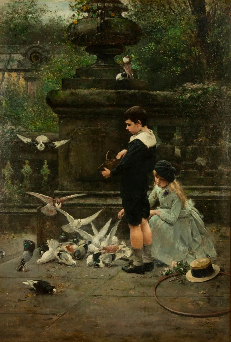 Children Feeding Pigeons in the Park — Eugène Joors