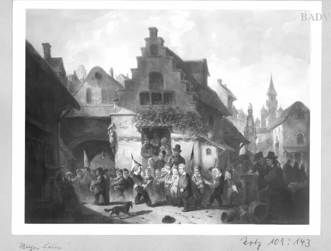 children playing soldiers (1863) by Franz Meyerheim — original painting reproduced as a hand-painted oil on canvas
