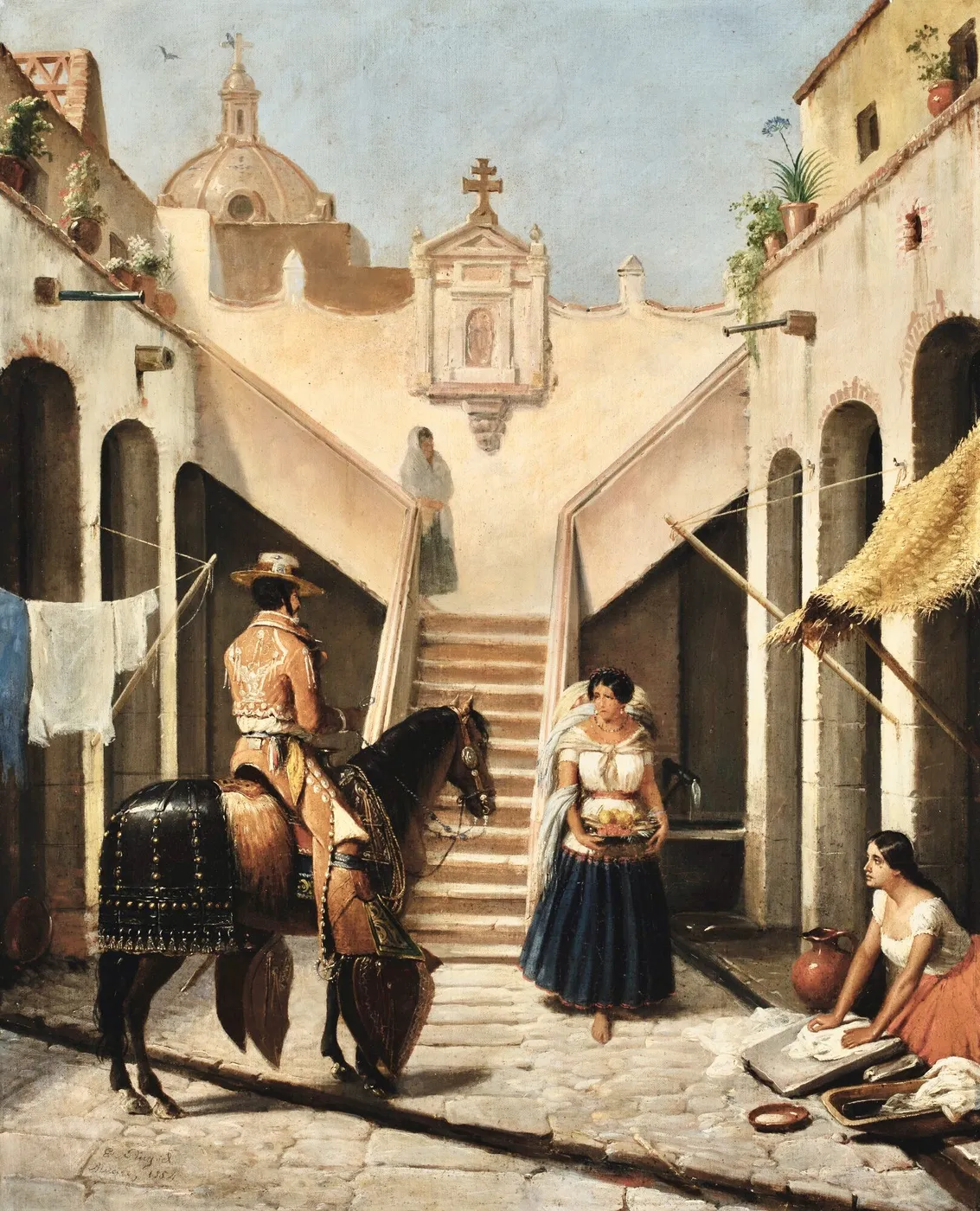 Chinaco e india en patio mexicano (1854) by Édouard Pingret — original painting reproduced as a hand-painted oil on canvas