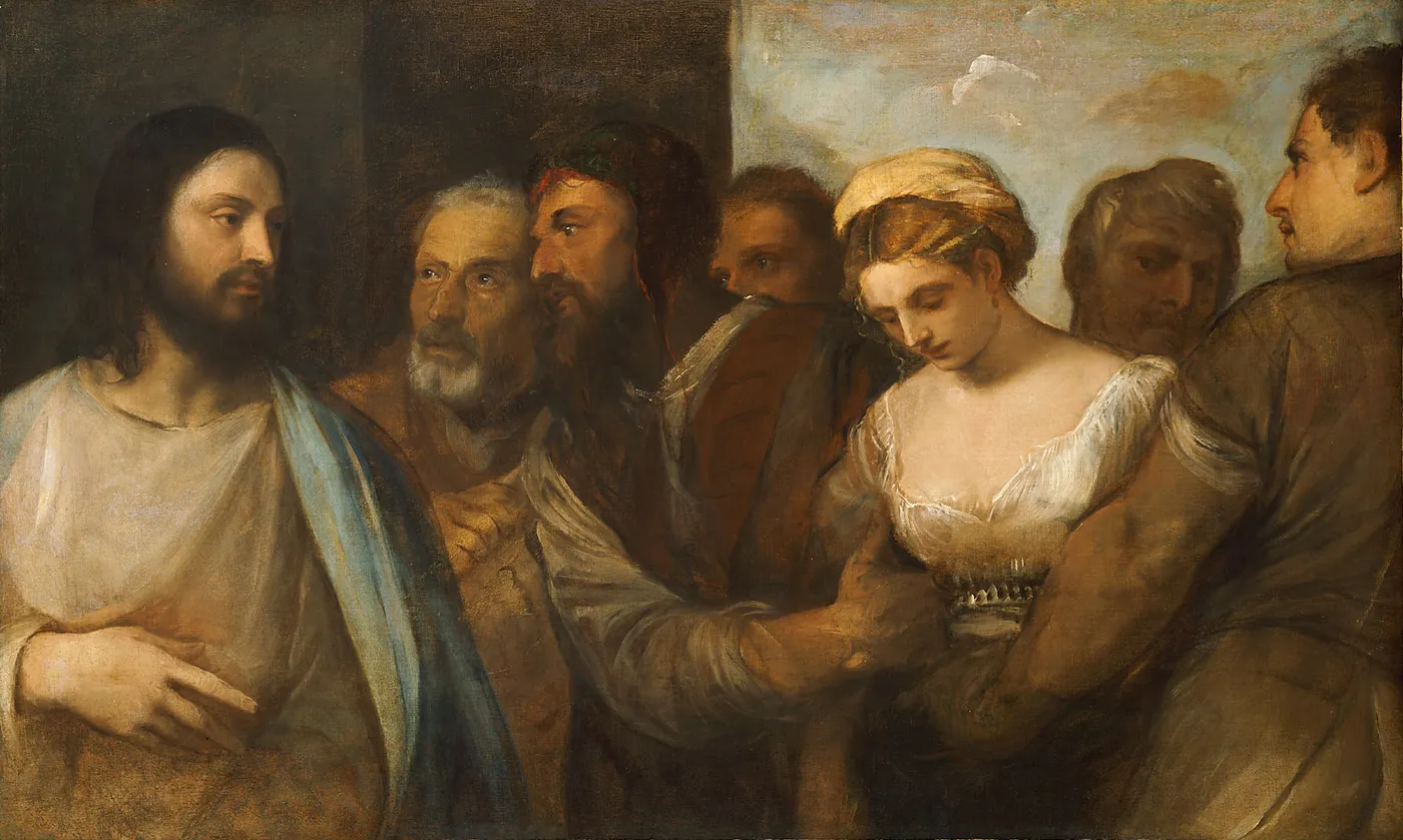 Christ and the Adulteress (1520) by Titian — original painting reproduced as a hand-painted oil on canvas