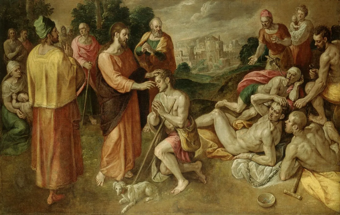 Christ healing the Sick (1577) by Chrispijn van den Broeck — original painting reproduced as a hand-painted oil on canvas