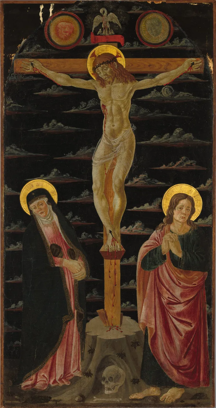 Christ on the Cross between the Virgin and Saint John the Evangelist (1470) by Domenico di Zanobi — original painting reproduced as a hand-painted oil on canvas