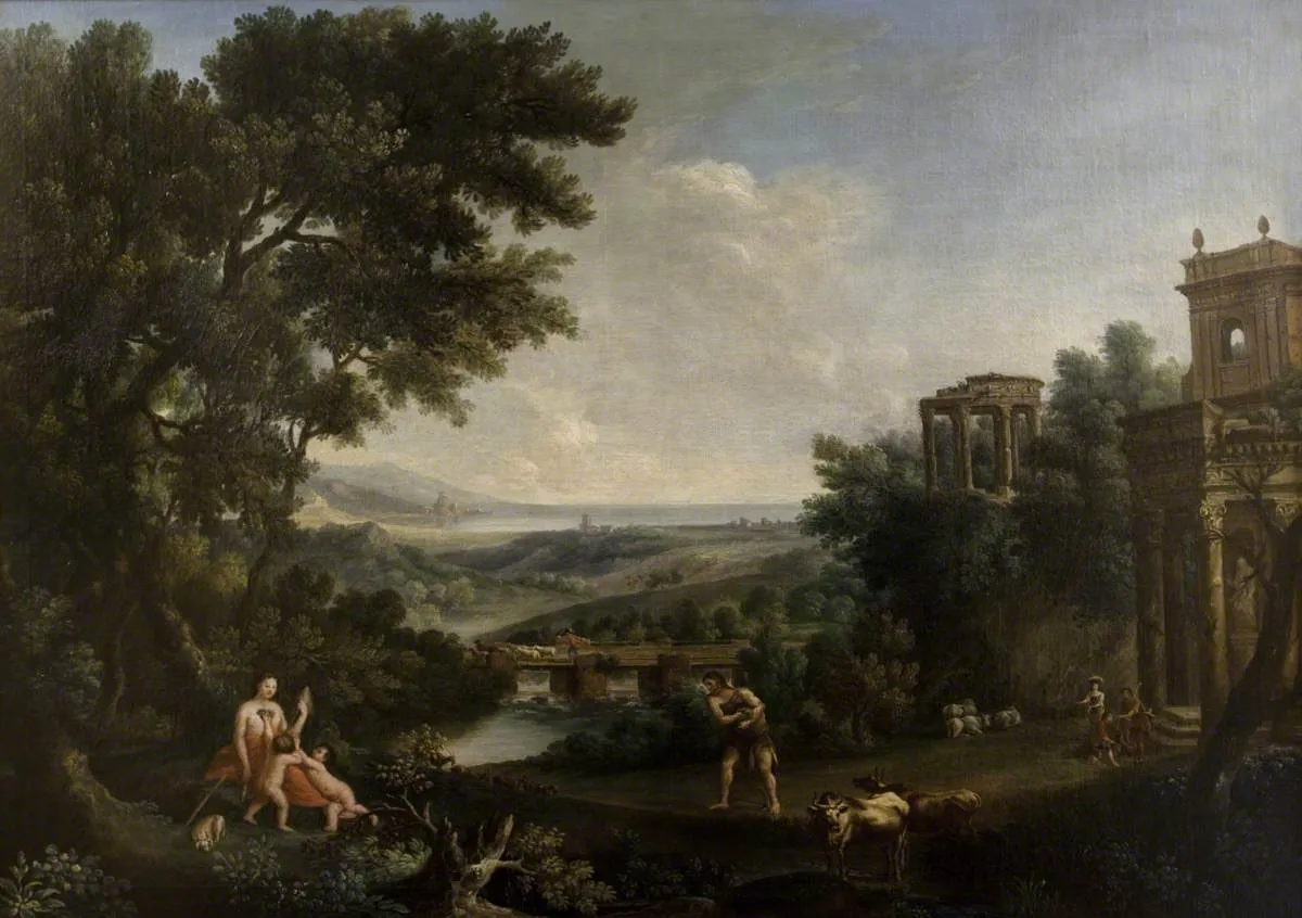 Classical Landscape with Figures and Cattle (1758) by Domenico Fattori — original painting reproduced as a hand-painted oil on canvas