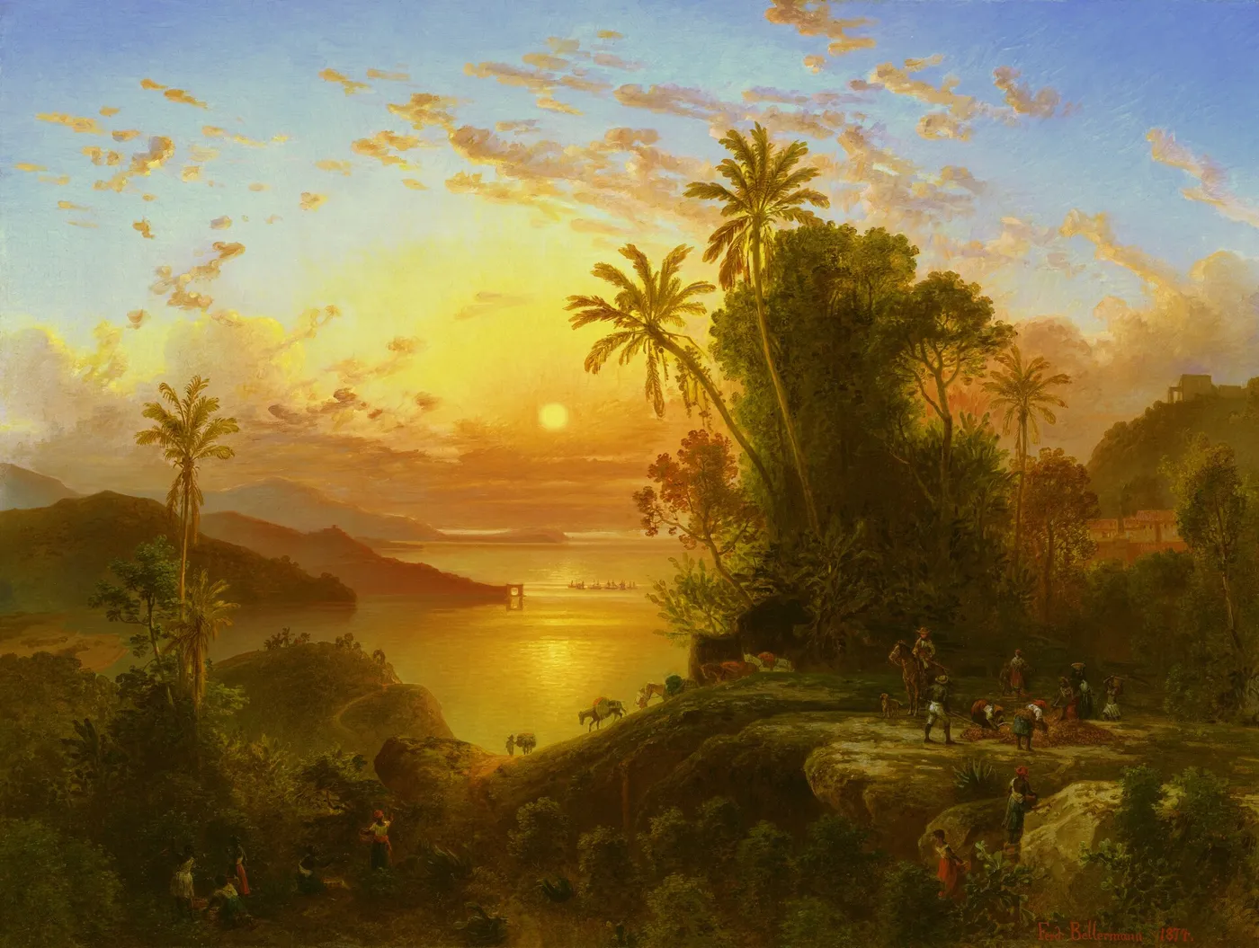 Coast of La Guaira at sunset (1874) by Ferdinand Bellermann — original painting reproduced as a hand-painted oil on canvas