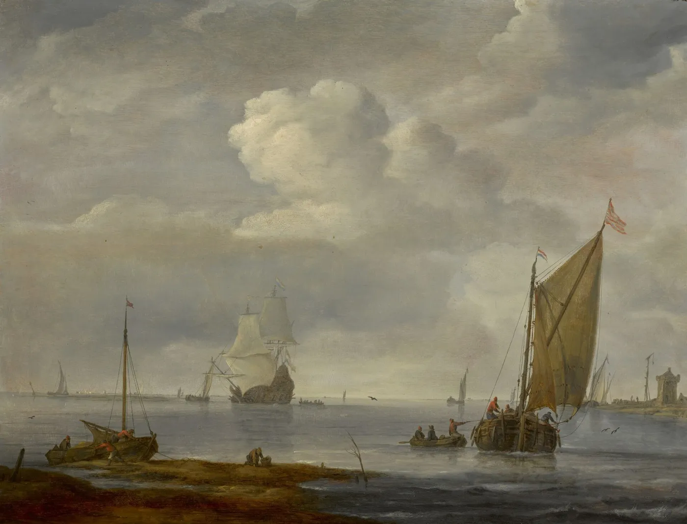 Coastal Scene with a Wijdschip Off-Shore, a Moored Pink, and a Man-O’-War at Anchor Beyond (1638) by Arnoldus van Anthonissen — original painting reproduced as a hand-painted oil on canvas