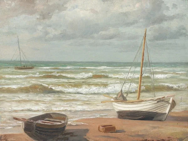Coastal view with boats on the beach. (1850) by August Schiøtt — original painting reproduced as a hand-painted oil on canvas