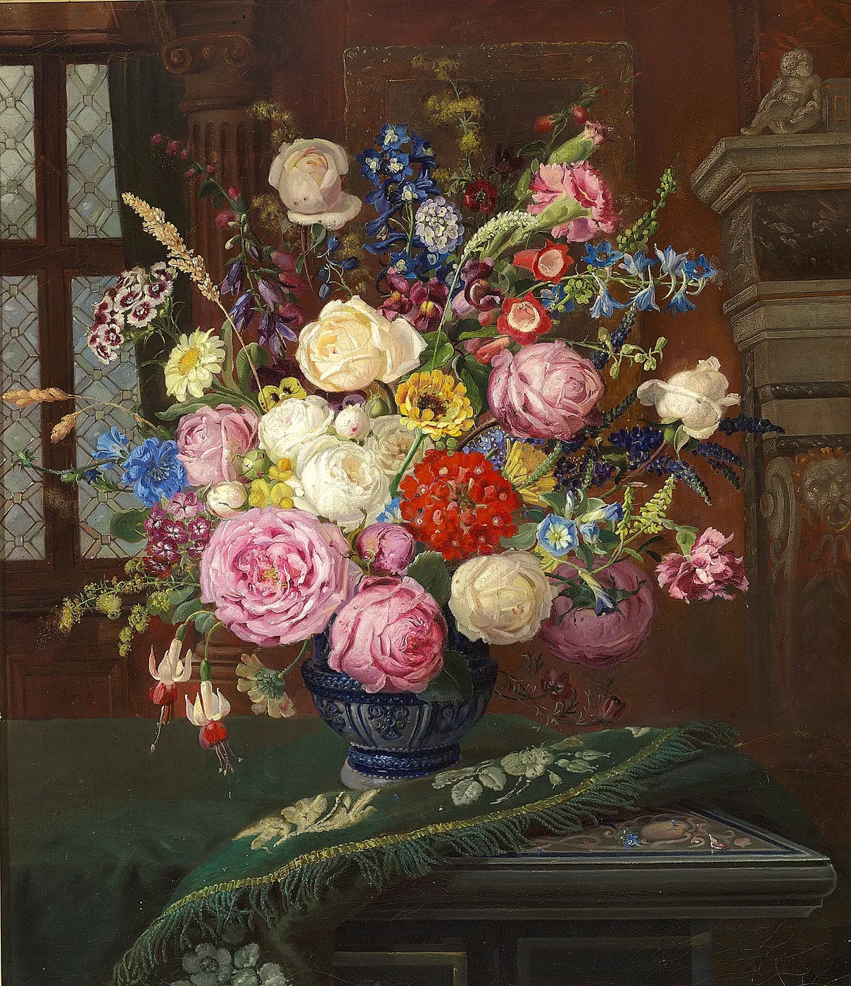 Colourful bouquet of summer flowers in a vase on a table. (1878) by Carl Schlichting-Carlsen — original painting reproduced as a hand-painted oil on canvas