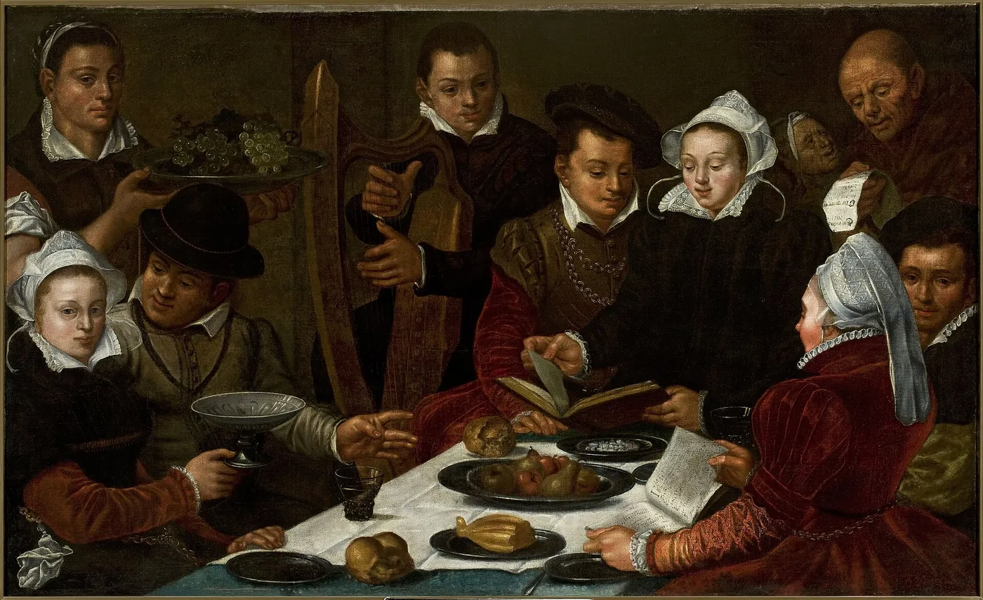 Company at the table (1612) by Dirck Barendsz. — original painting reproduced as a hand-painted oil on canvas