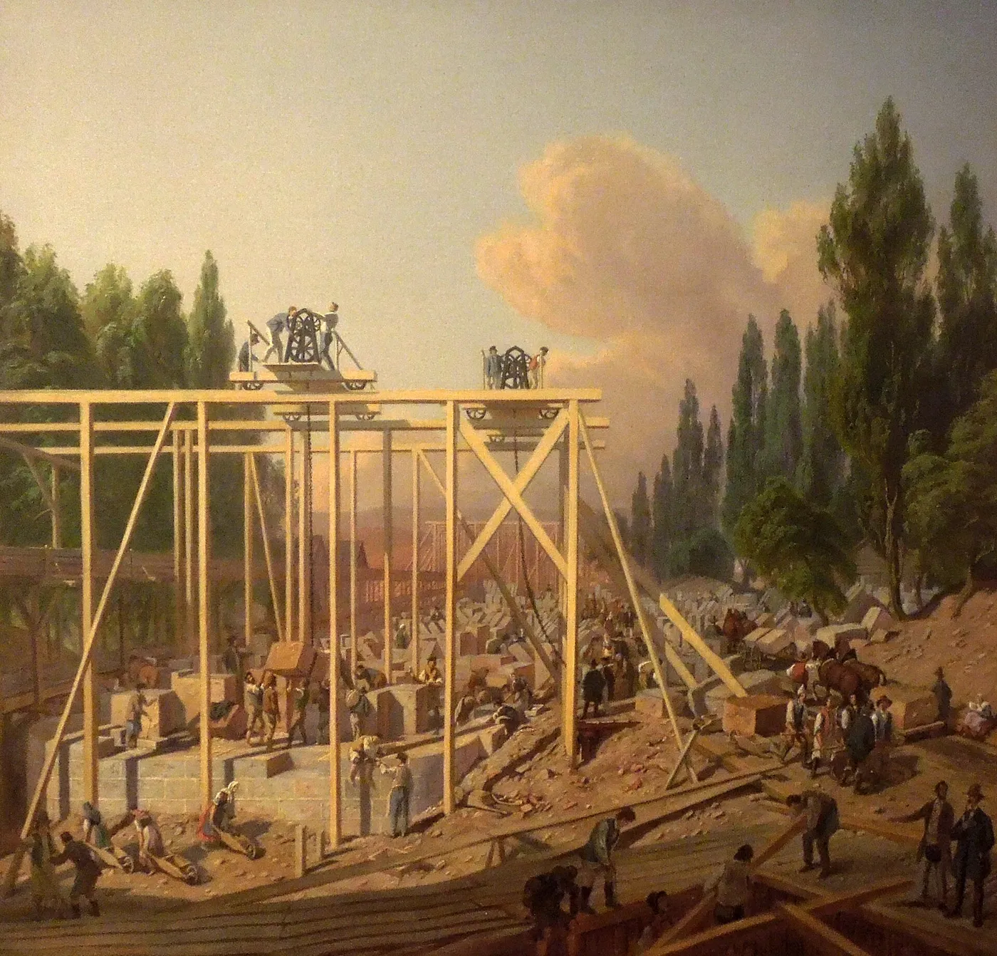 Construction of the Bridge on the Island of Štvanice (1846) by Carl Robert Croll — original painting reproduced as a hand-painted oil on canvas