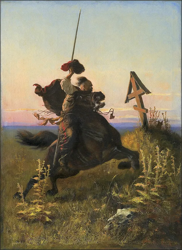 Cossack in the steppe (1883) by Alfons Dunin-Borkowski — original painting reproduced as a hand-painted oil on canvas