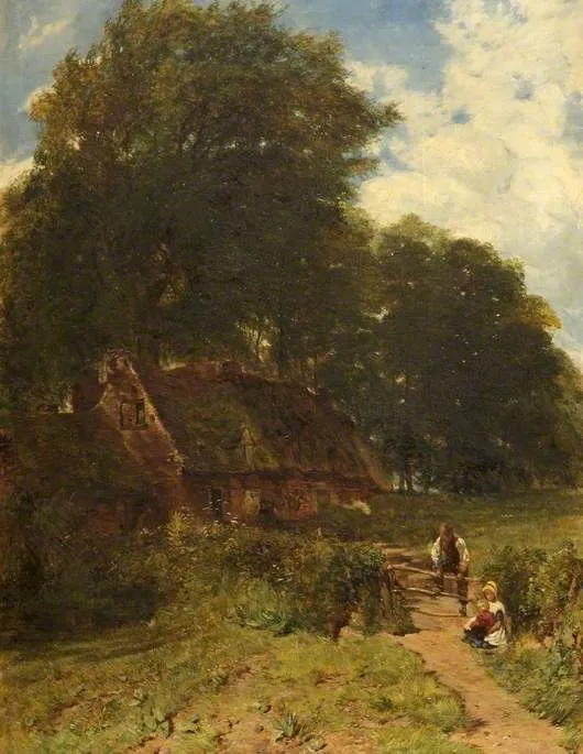 Cottage Scene, Warley, Worcestershire (1849) by Charles Thomas Burt — original painting reproduced as a hand-painted oil on canvas