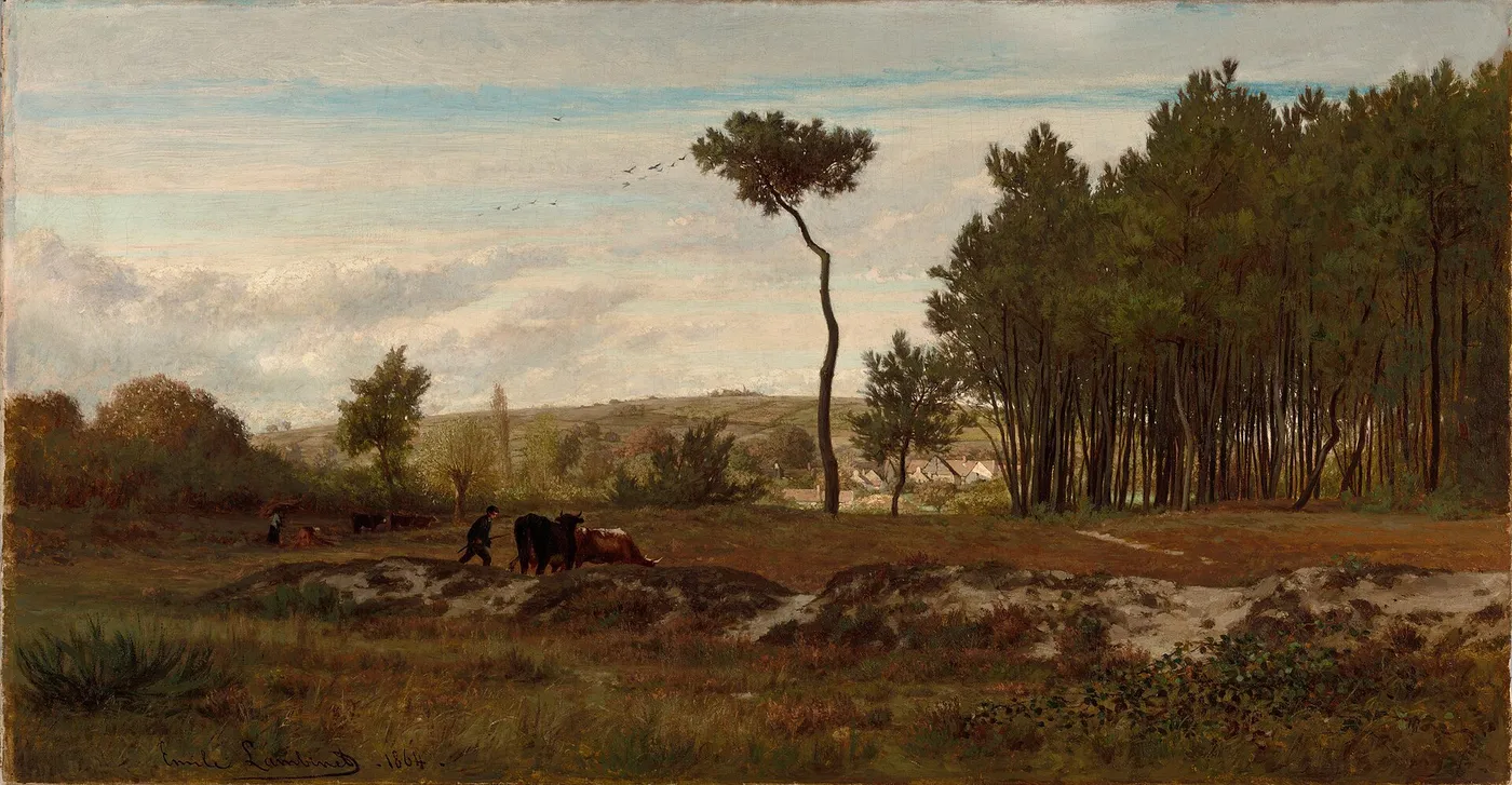 Cows and Cowherds in a Landscape (1864) by Émile Lambinet — original painting reproduced as a hand-painted oil on canvas