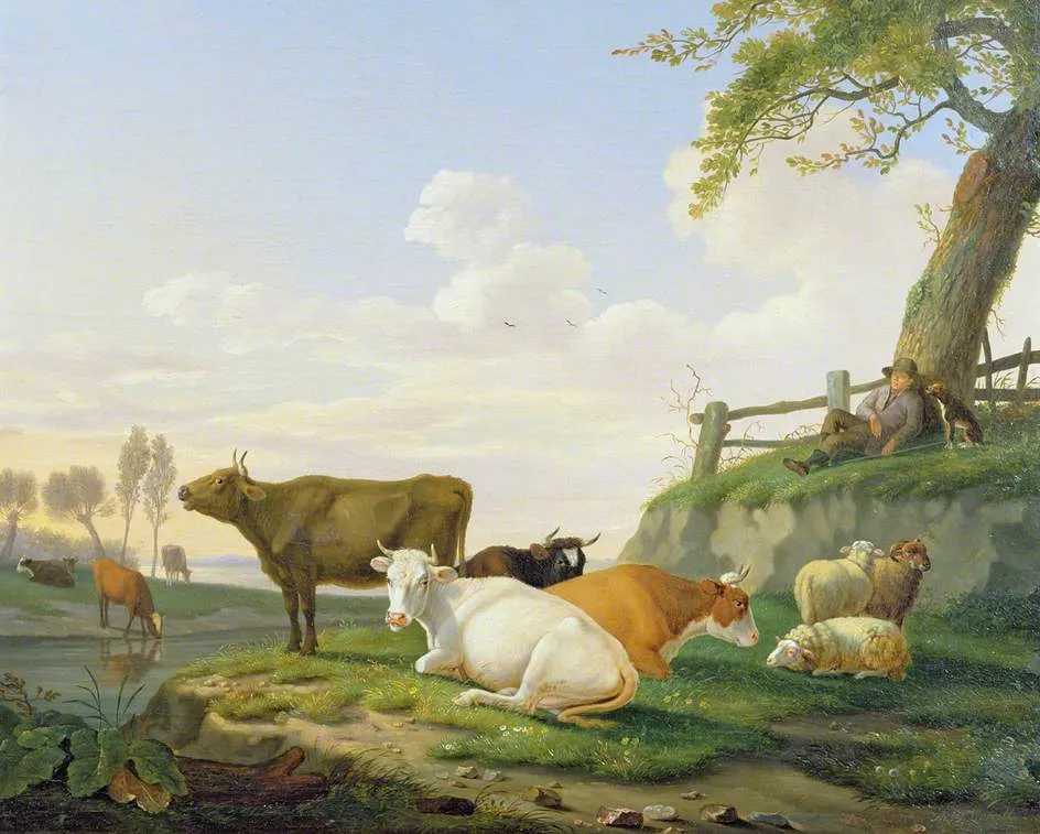 Cows and Shepherd (pendant to ’Cow, Sheep, Shepherd’) by Abraham B. van Worrell — original painting reproduced as a hand-painted oil on canvas