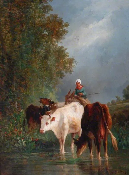 Cows at the Watering Place (1865) by Andrés Cortés y Aguilar — original painting reproduced as a hand-painted oil on canvas