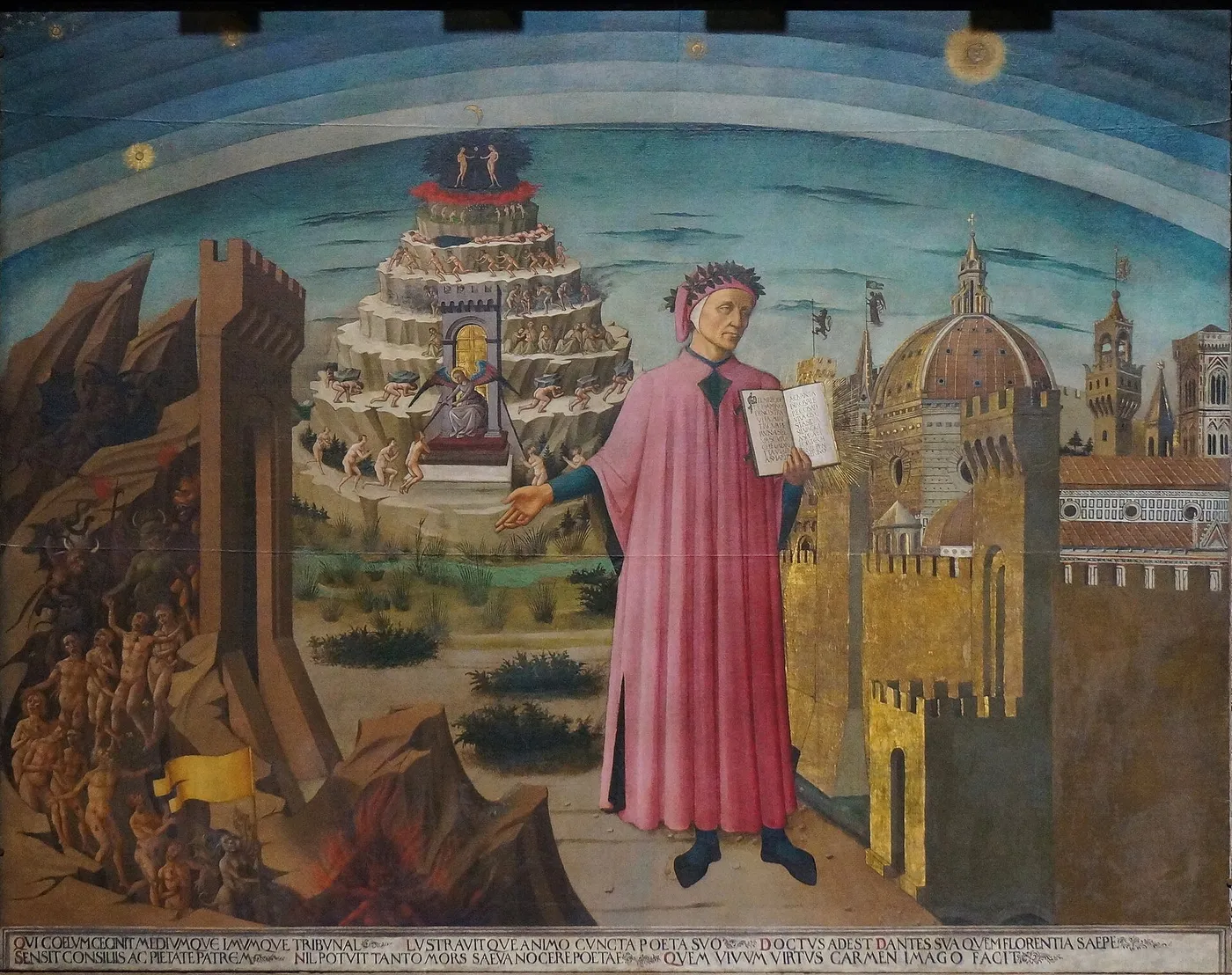 Dante Alighieri with Florence and the Realms of the Divine Comedy (Hell, Purgatory, Paradise) (1465) by Domenico di Michelino — original painting reproduced as a hand-painted oil on canvas