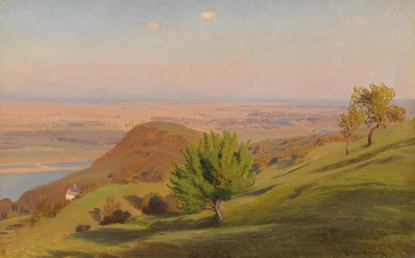 Danube Landscape near Vienna (1926) by Anton Hlávacek — original painting reproduced as a hand-painted oil on canvas