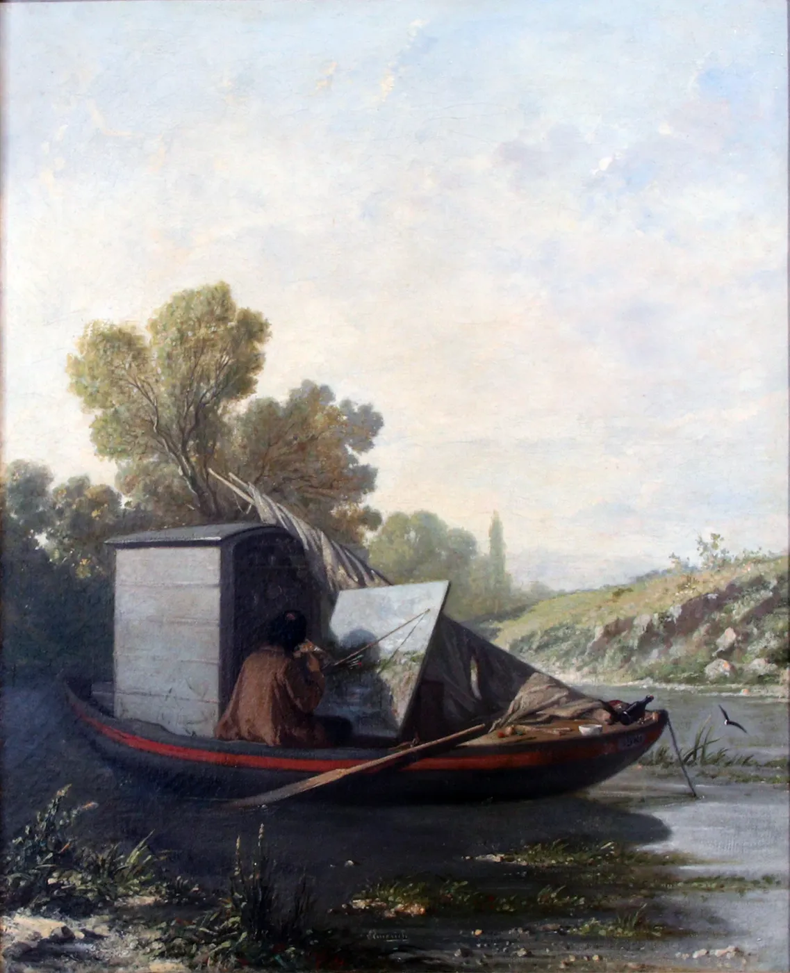Daubigny peignant dans sa barque (1858) by Charles-Édouard Elmerich — original painting reproduced as a hand-painted oil on canvas