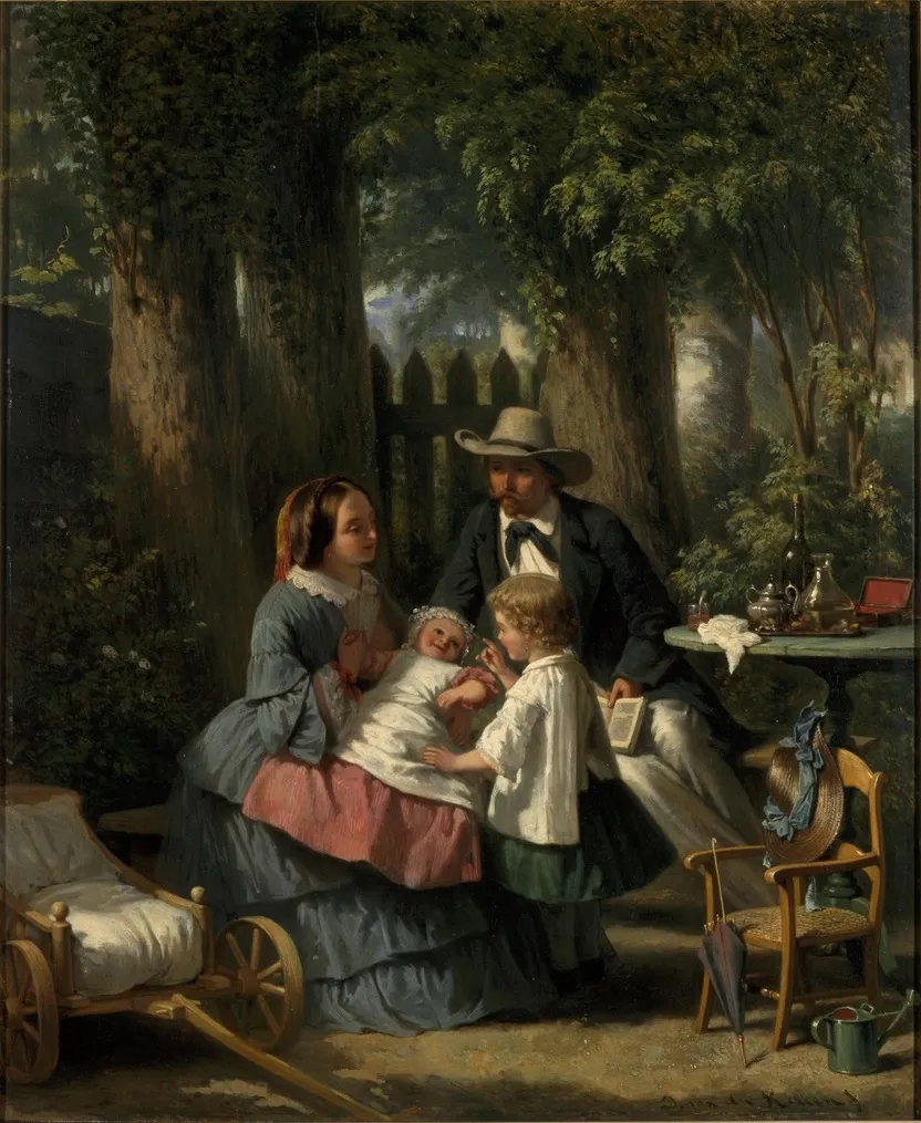 David van der Kellen (1827-1895), Anna Wilhelmina van der Kellen (1829-1885) and their children Anna Catharina (1852-?) and Henriette Frederika (1854-?) (1855) by David van der Kellen — original painting reproduced as a hand-painted oil on canvas