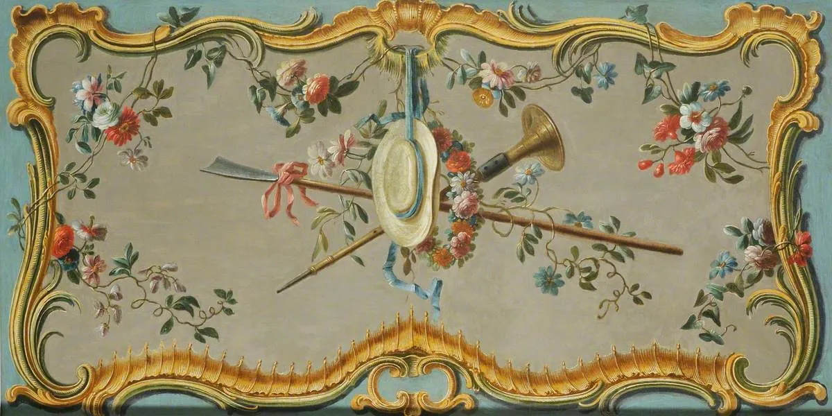 Decorative Overdoor with a Hat and Flowers (1768) by Dieudonné Deneux — original painting reproduced as a hand-painted oil on canvas