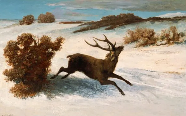 Deer Running in the Snow (1856) by Gustave Courbet — original painting reproduced as a hand-painted oil on canvas