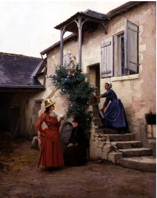 Deux femmes dans une cour (1914) by Euphémie Muraton — original painting reproduced as a hand-painted oil on canvas