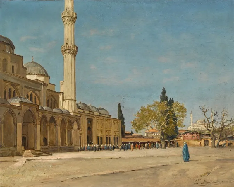 Devant La Mosquée, Constantinople by Ernest Buttura — original painting reproduced as a hand-painted oil on canvas
