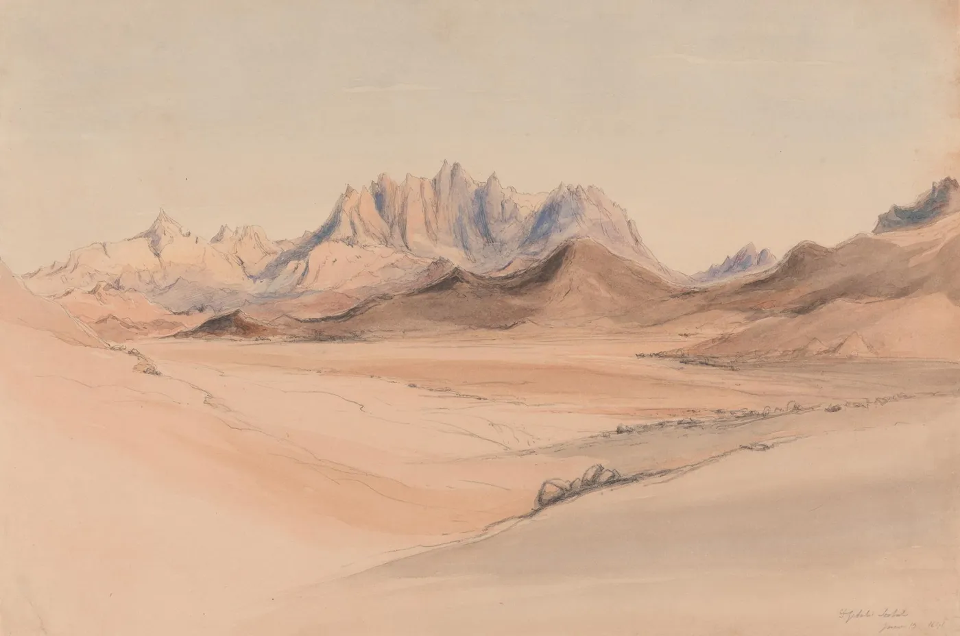 Djebel Serbal, Sinai (1841) by Edward Thomas Daniell — original watercolour reproduced as a hand-painted oil on canvas