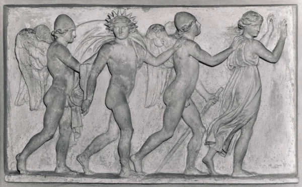 Døgnets tider. Symboliseret ved fire vingede skikkelser (1794) by Bertel Thorvaldsen — original painting reproduced as a hand-painted oil on canvas
