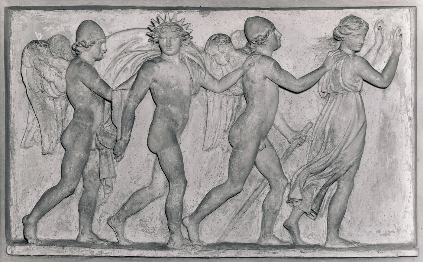 Døgnets tider. Symboliseret ved fire vingede skikkelser (1794) by Bertel Thorvaldsen — original painting reproduced as a hand-painted oil on canvas