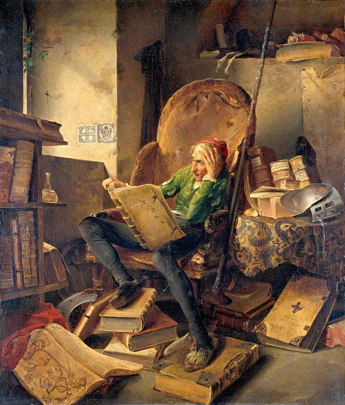 Don Quichotte reading in his armchair (1834) by Adolf Schrödter — original painting reproduced as a hand-painted oil on canvas