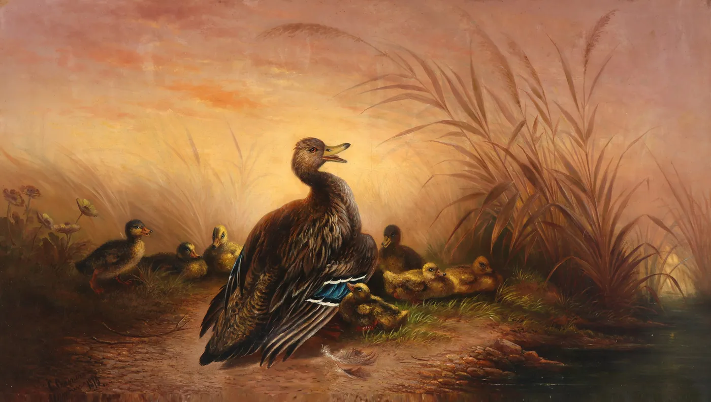 Duck with her ducklings (1878) by Carl Cramer — original painting reproduced as a hand-painted oil on canvas