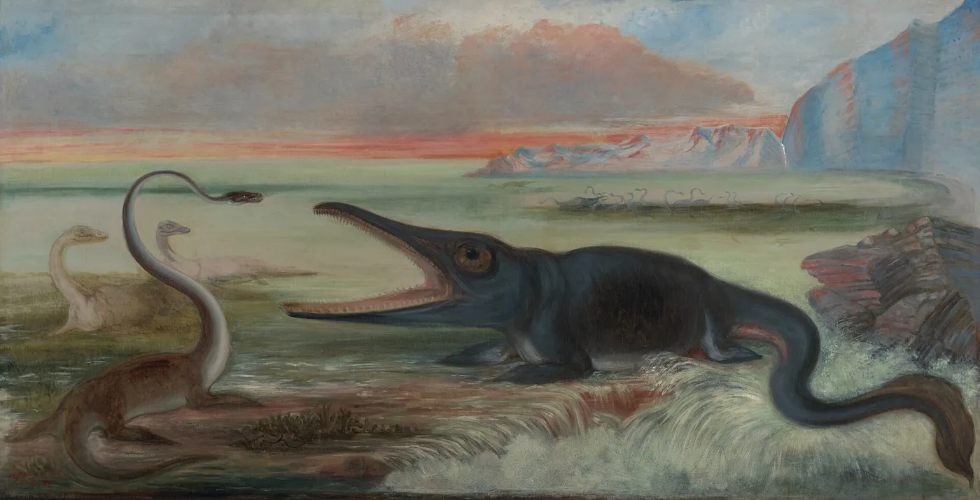 Early Jurassic Marine Reptiles (1876) by Benjamin Waterhouse Hawkins — original painting reproduced as a hand-painted oil on canvas