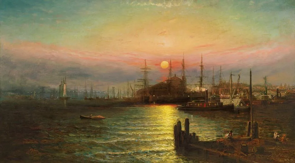 East River Scene, Brooklyn, NY (1886) by Elisha Taylor Baker — original painting reproduced as a hand-painted oil on canvas