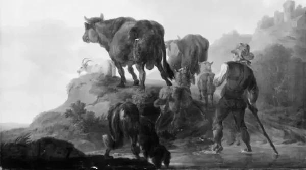 En hyrde driver okser, geder og får (1811) by Christian David Gebauer — original painting reproduced as a hand-painted oil on canvas