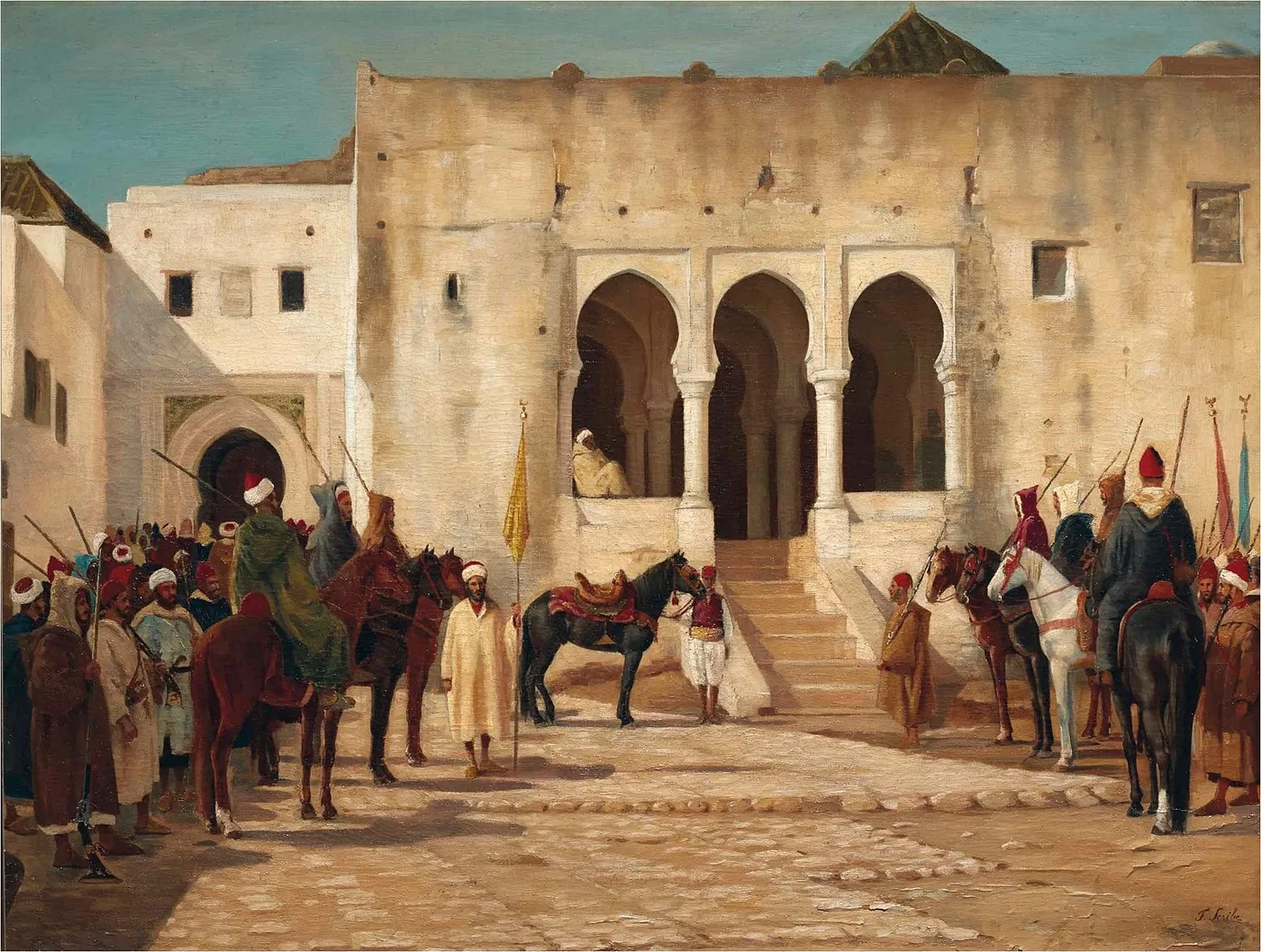 Entrance of Bit-el-Mal in Tanger (1902) by Fernand Scribe — original painting reproduced as a hand-painted oil on canvas