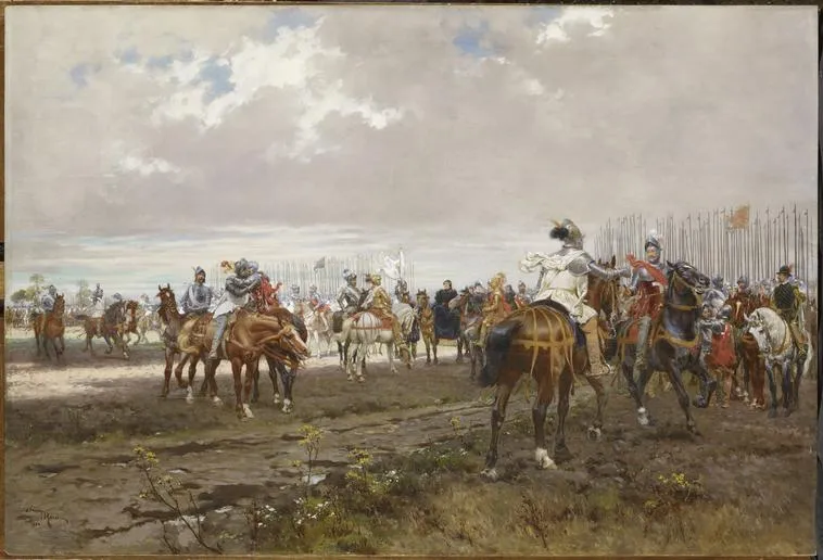 Entrevue de Toury de 1562 (1884) by Adrien Marie — original painting reproduced as a hand-painted oil on canvas