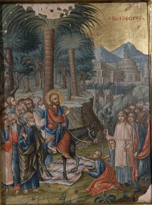 Entry of Christ into Jerusalem (1780) by Efstathios Karousos — original painting reproduced as a hand-painted oil on canvas