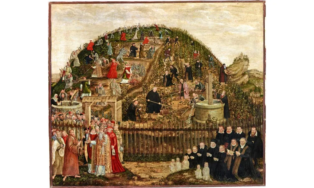 Epitaph for Paul Eber and his Family: Parable of the Workers in the Vineyard (1573) by Lucas Cranach the Younger — original painting reproduced as a hand-painted oil on canvas