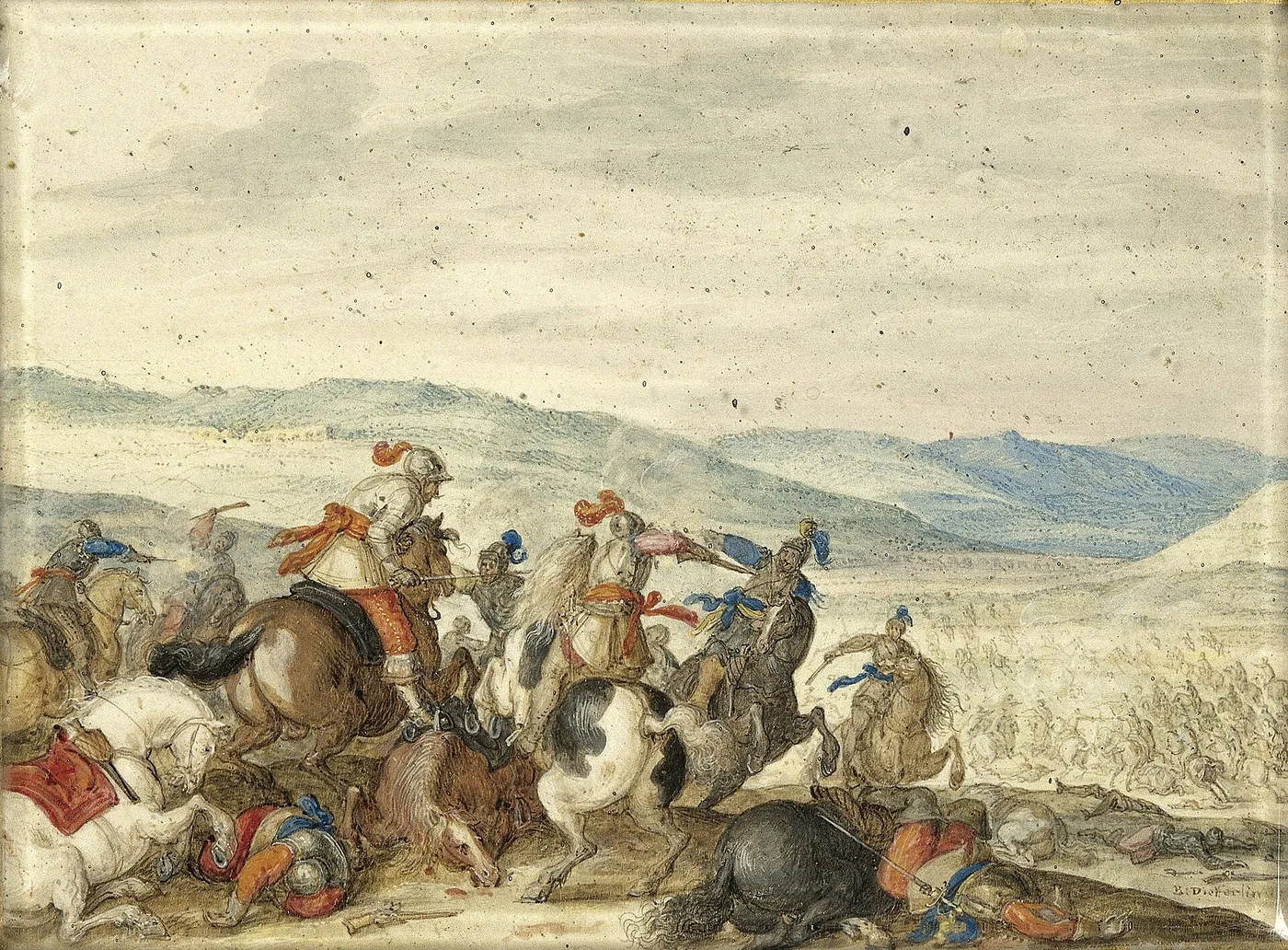 Equestrian Battle in a Mountainous Landscape (1638) by Bartholomäus Dietterlin — original painting reproduced as a hand-painted oil on canvas