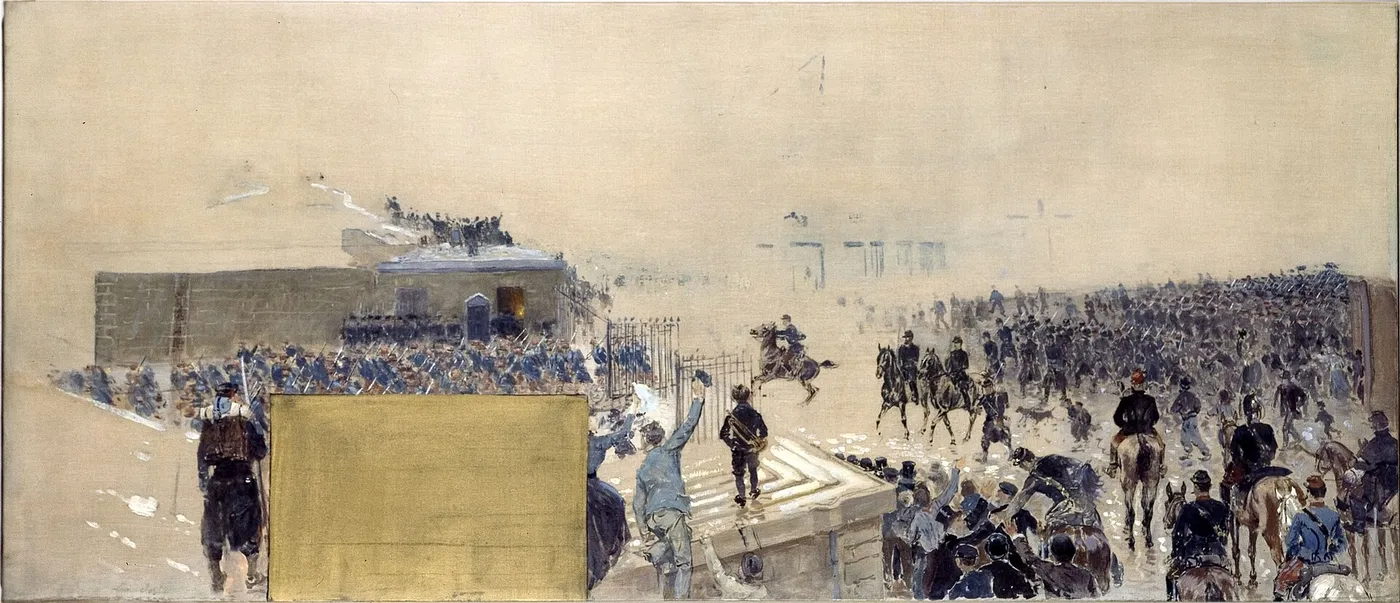 Esquisse pour le cabinet du préfet à l’Hôtel de Ville de Paris : La sortie (1889) by Adolphe-Gustave Binet — original painting reproduced as a hand-painted oil on canvas
