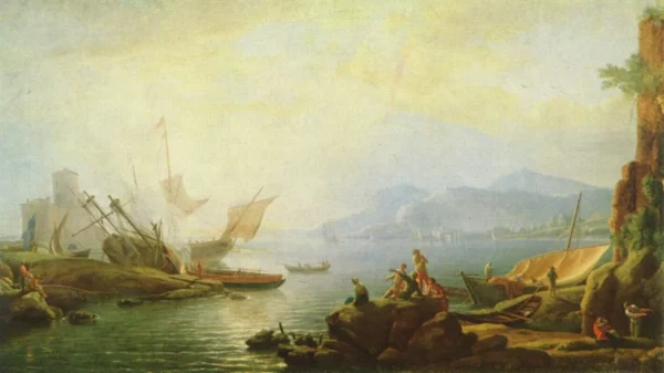 Estuary with Harbour (1750) by Adrien Manglard — original painting reproduced as a hand-painted oil on canvas