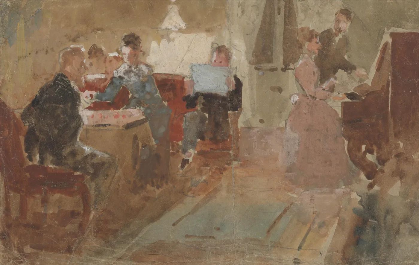 Evening Entertainments by Charles Keene — original watercolour reproduced as a hand-painted oil on canvas