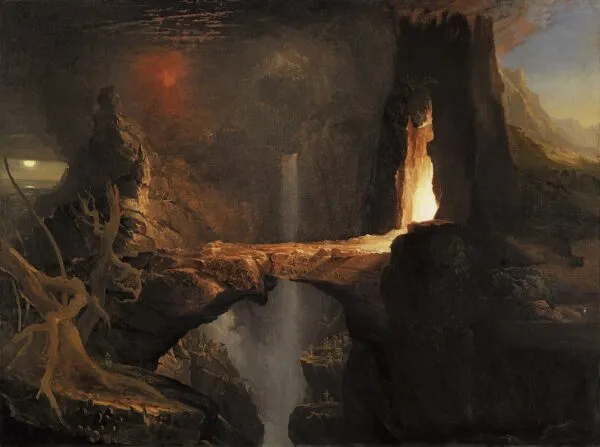 Expulsion: Moon and Firelight (1828) by Thomas Cole — original painting reproduced as a hand-painted oil on canvas