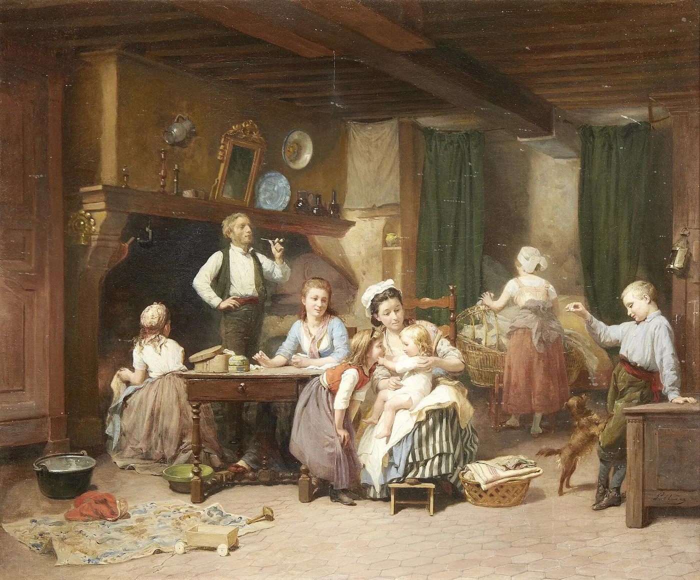 Family time (1876) by Charles Auguste Romain Lobbedez — original painting reproduced as a hand-painted oil on canvas