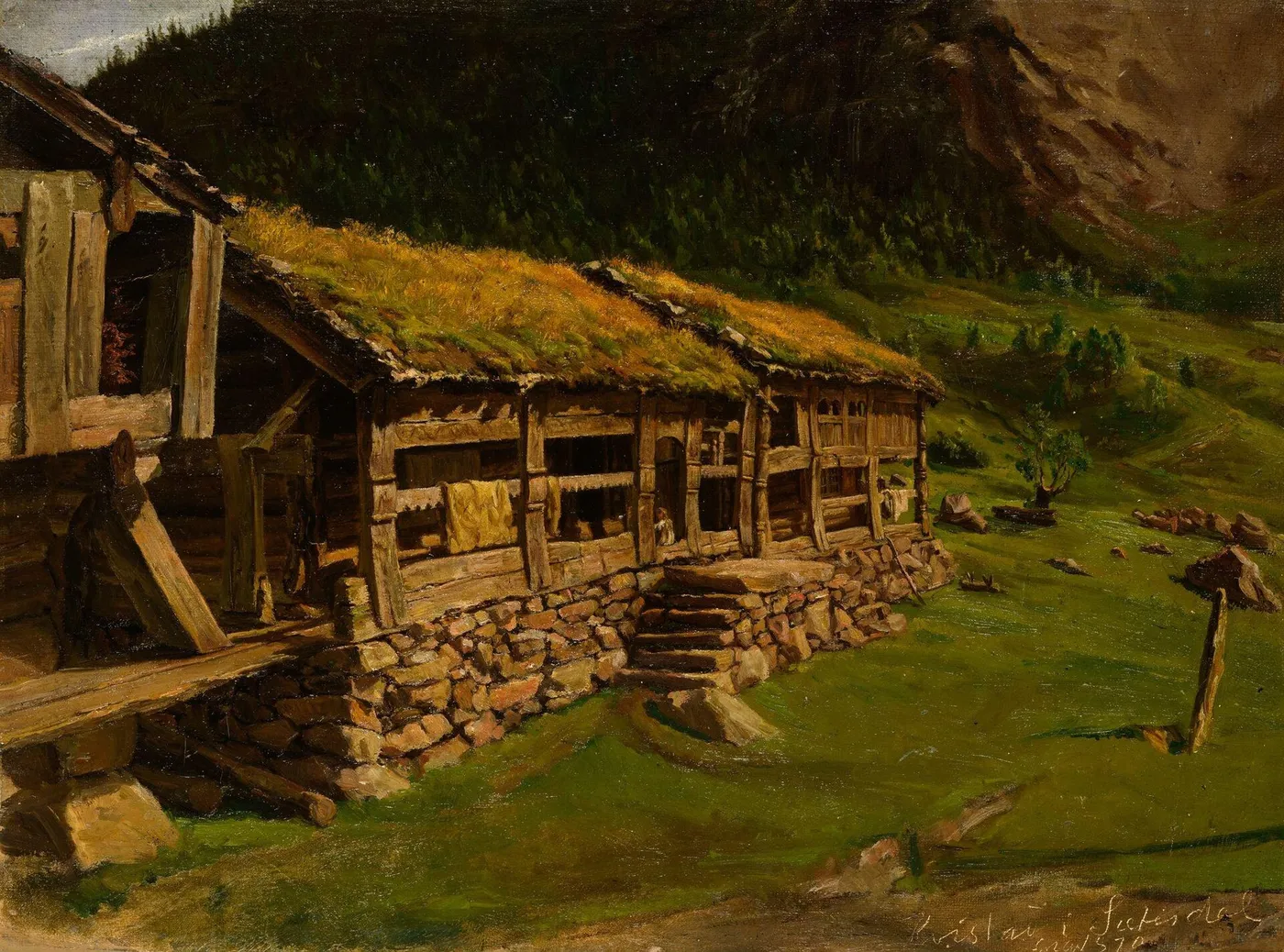 Farmhouse in Setesdal (1870) by August Schneider — original painting reproduced as a hand-painted oil on canvas