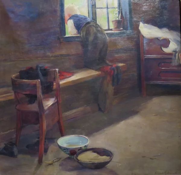 Farmhouse interior (2000) by Bernt Grønvold — original painting reproduced as a hand-painted oil on canvas