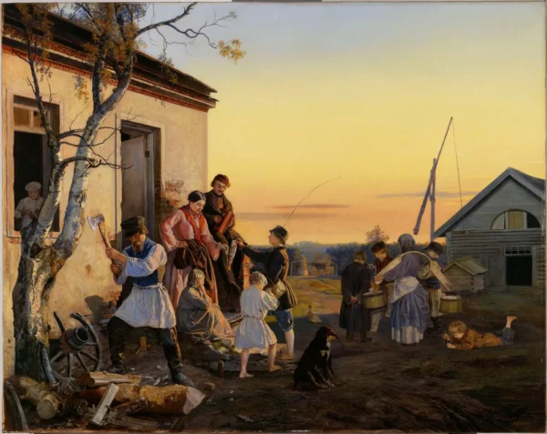 Farmyard (1855) by Andrei Andreyevich Popov — original painting reproduced as a hand-painted oil on canvas
