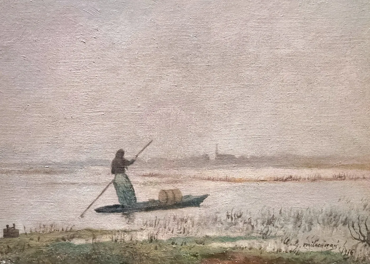 Femme sur une yole dans le marais vendéen de la Noue (1916) by Charles Milcendeau — original painting reproduced as a hand-painted oil on canvas