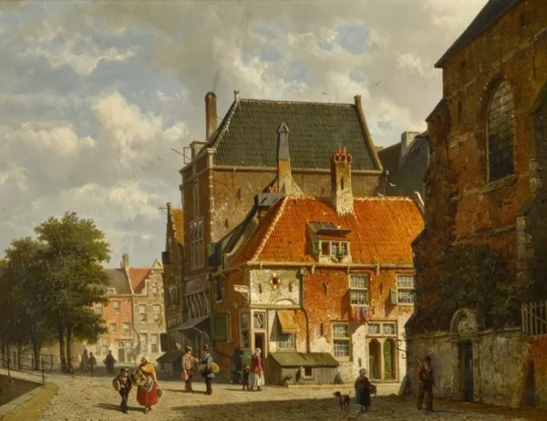 Figures on a Sunlit Street by Adrianus Eversen — original painting reproduced as a hand-painted oil on canvas